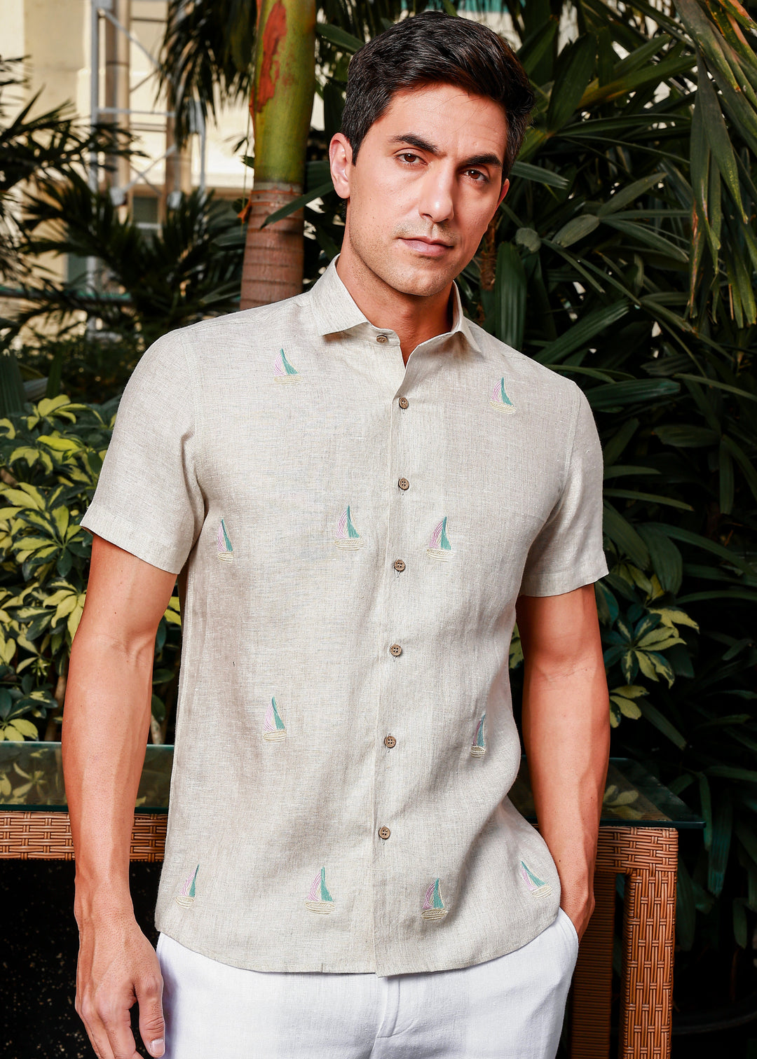 Boat - Embroidered Half Sleeve Pure Linen Shirt - Ecru