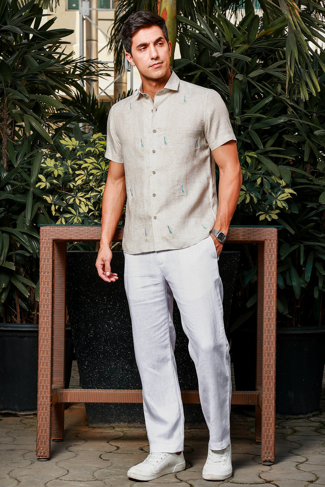 Boat - Embroidered Half Sleeve Pure Linen Shirt - Ecru