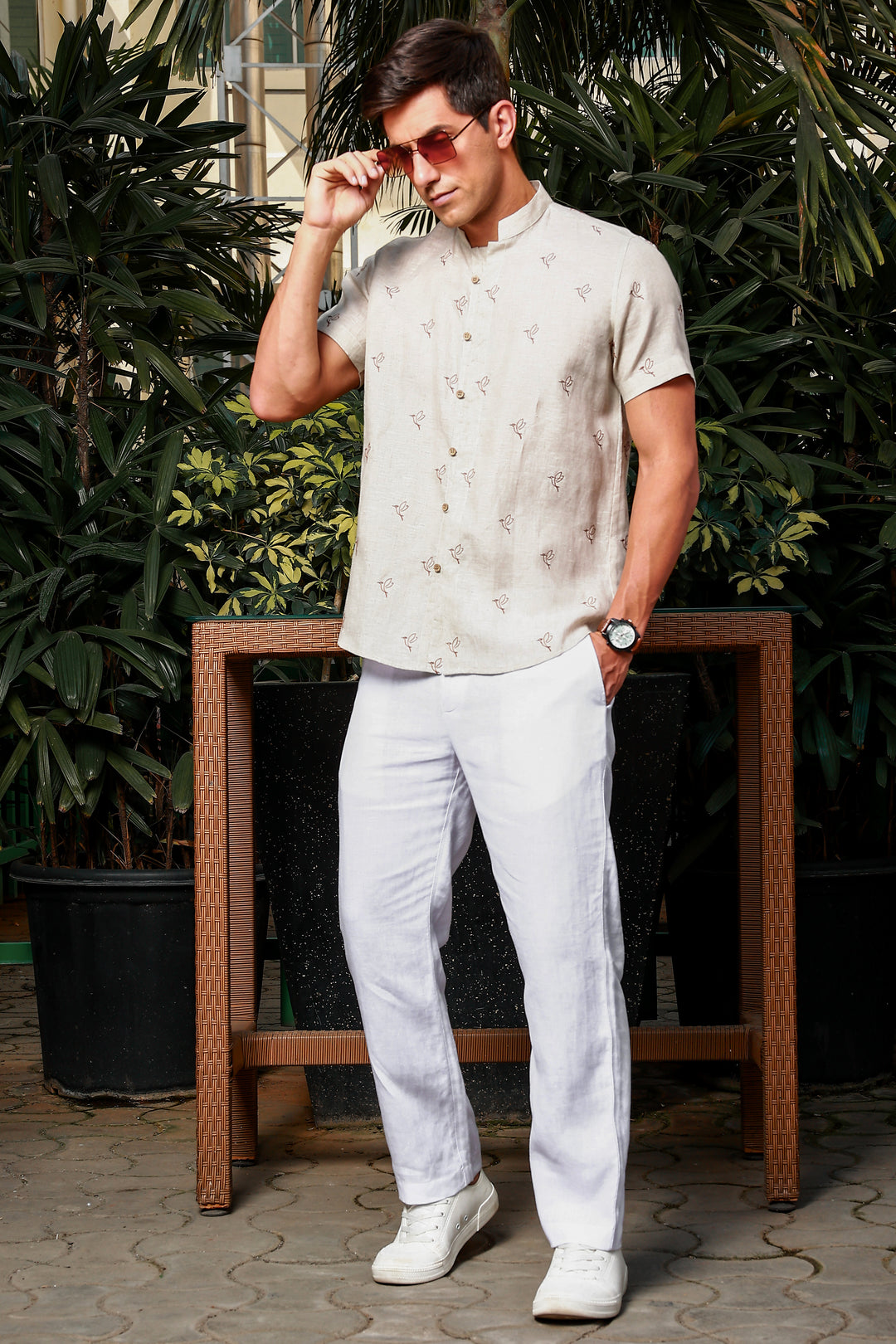 Flo - Embroidered Half Sleeve Pure Linen Shirt - Ecru