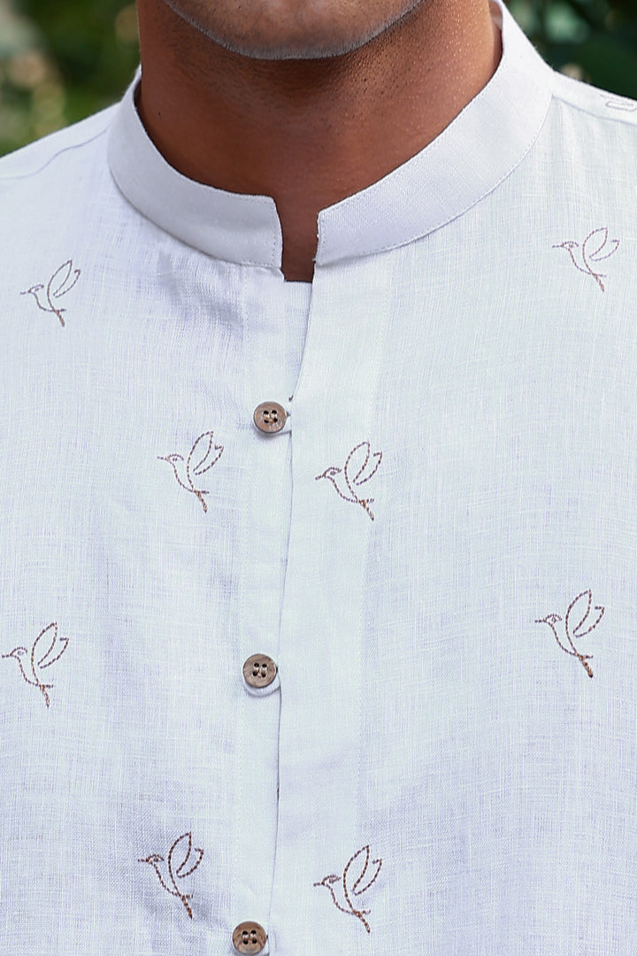 Flo - Embroidered Half Sleeve Pure Linen Shirt - White