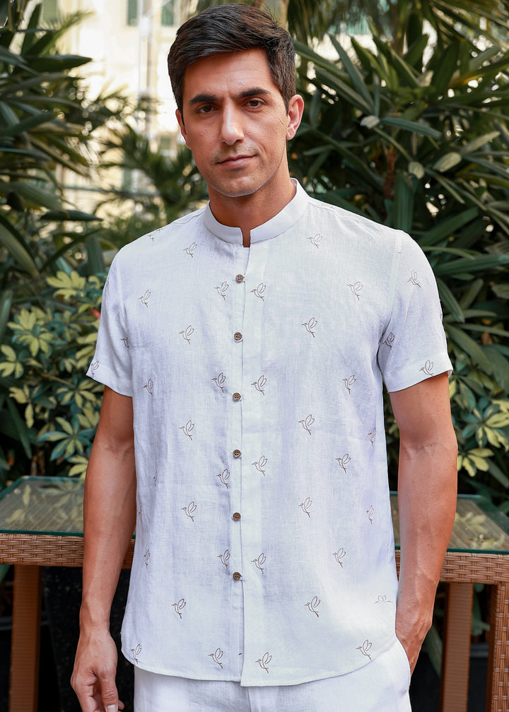 Flo - Embroidered Half Sleeve Pure Linen Shirt - White