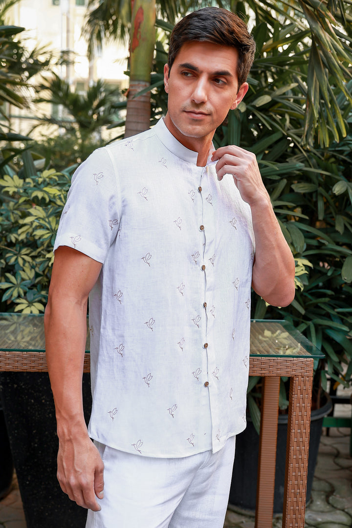 Flo - Embroidered Half Sleeve Pure Linen Shirt - White