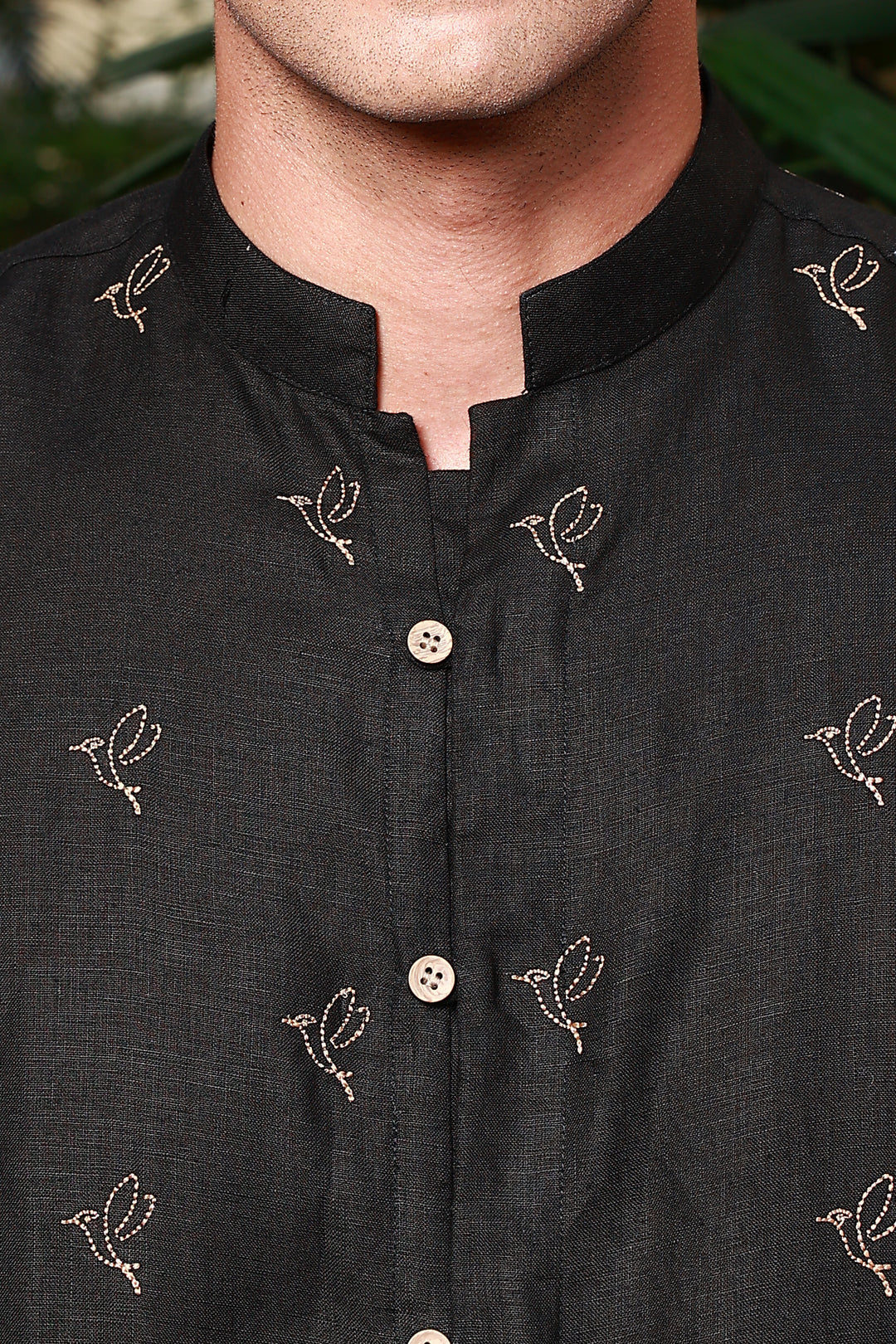 Flo - Embroidered Half Sleeve Pure Linen Shirt - Black