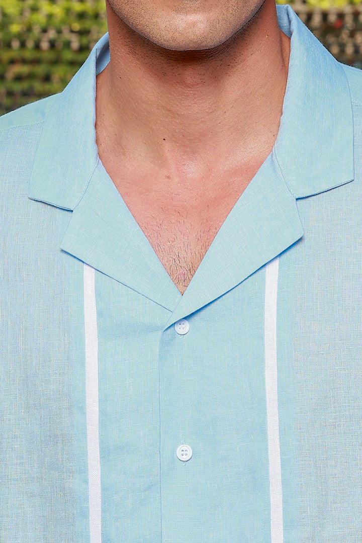 Oasis - Oversized Pure Linen Cuban Collar Short Sleeve Shirt - Sky Blue