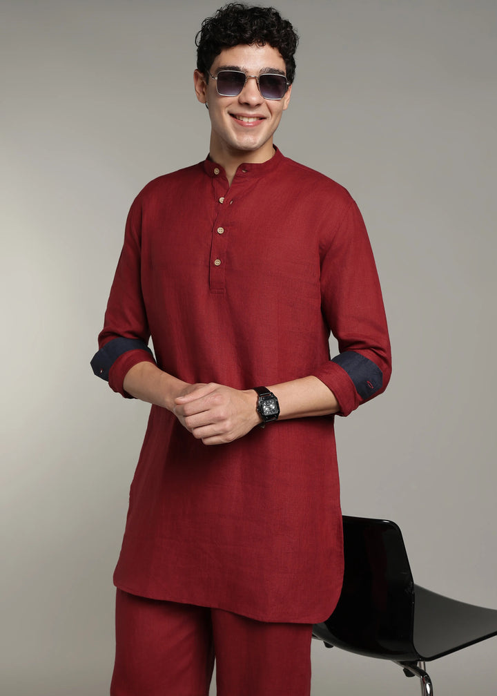 Palat - Pure Linen Kurta and Pant Co-ord Set - Red Wine