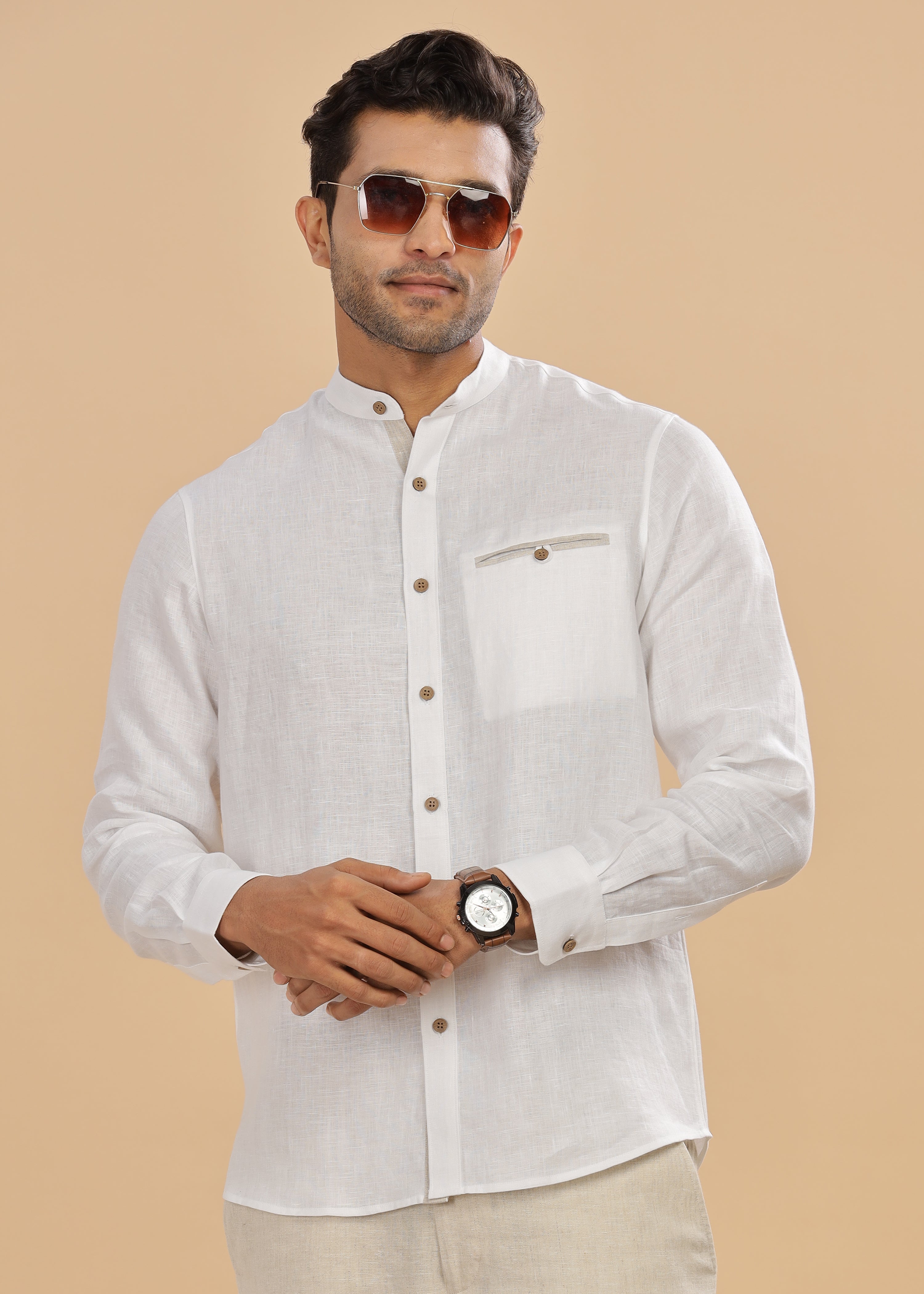 White Pure Linen Trim Detailed Full Sleeve Shirt – Linen Trail