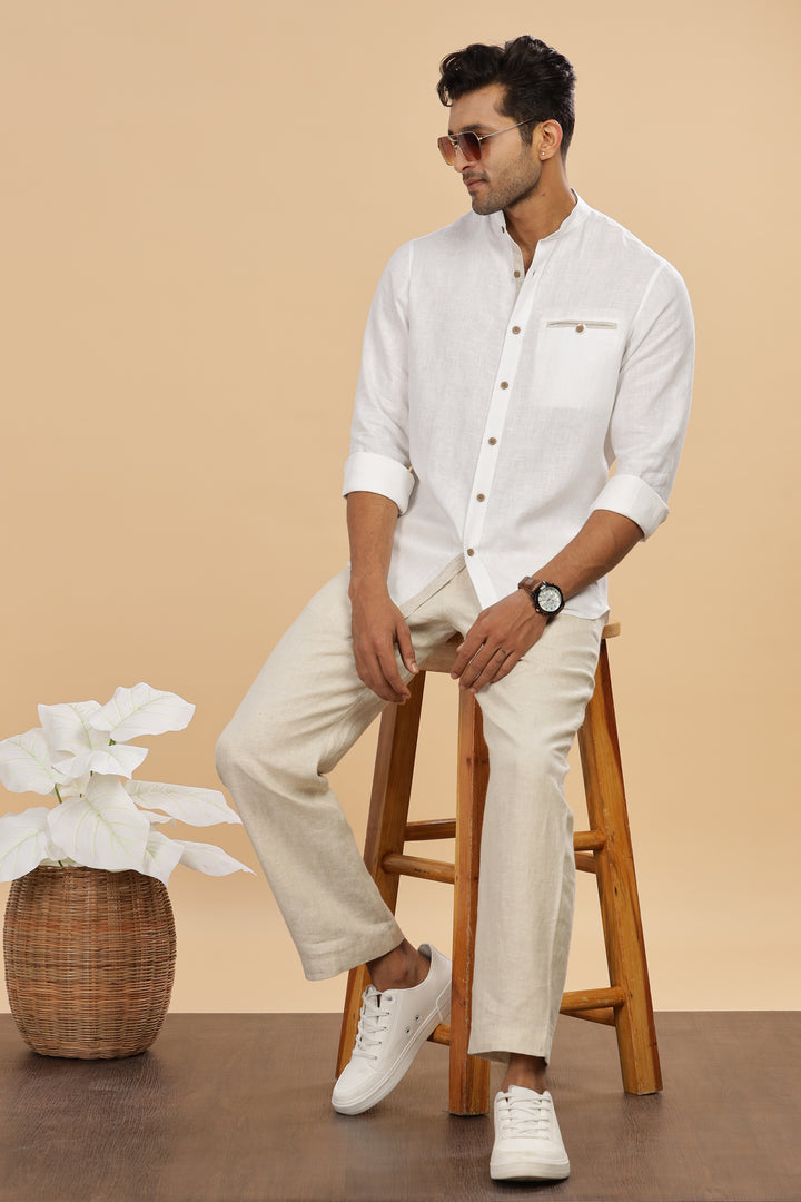 Hanks - Trim Detailed Pure Linen Full Sleeve Shirt - White