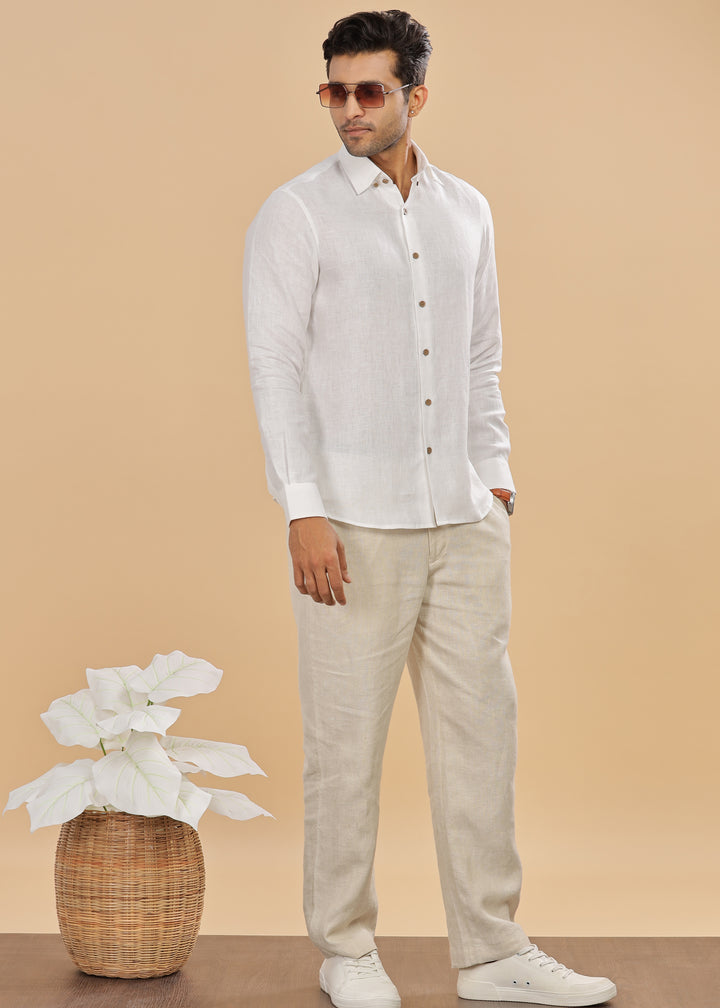 Tylor - Hidden Button Down Collar Pure Linen Full Sleeve Shirt - White