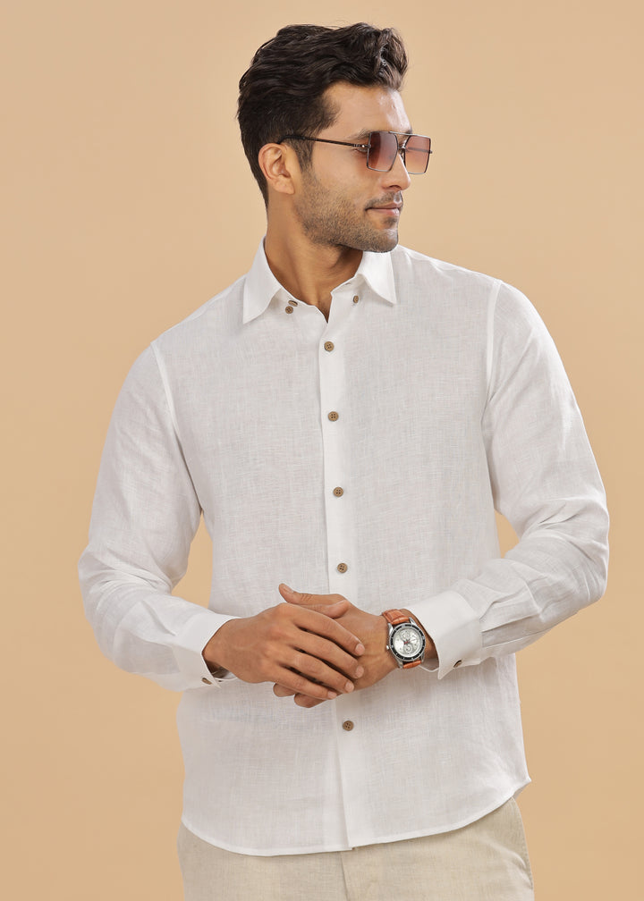 Tylor - Hidden Button Down Collar Pure Linen Full Sleeve Shirt - White