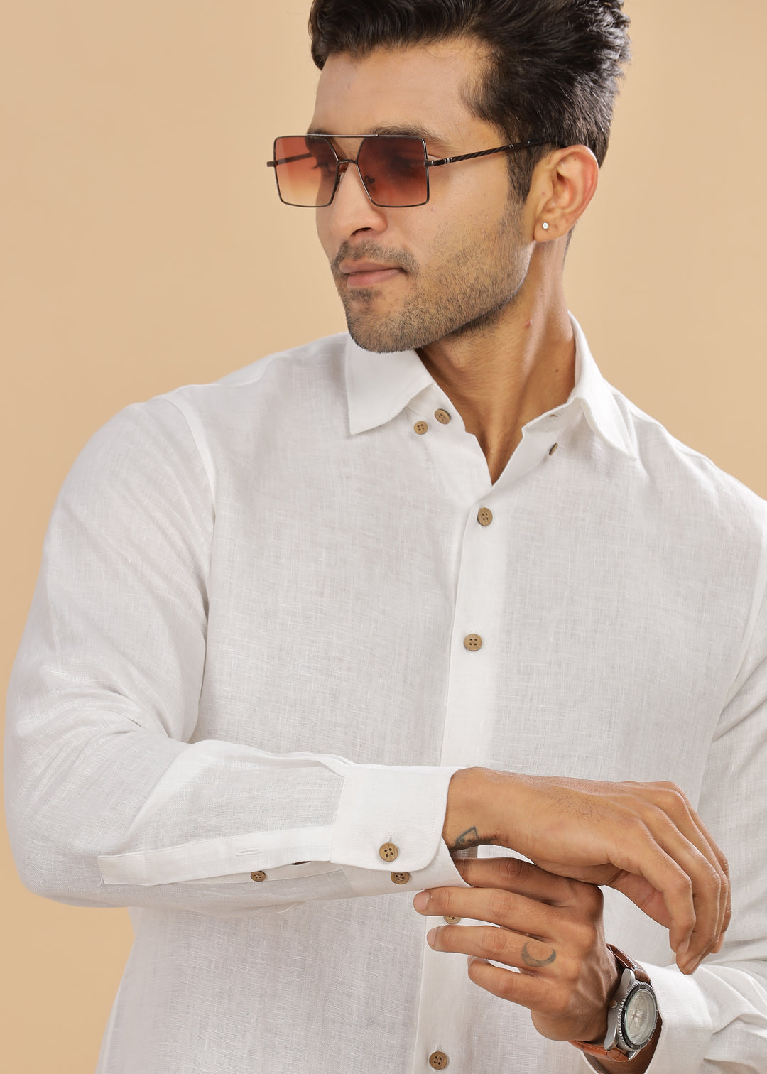 Tylor - Hidden Button Down Collar Pure Linen Full Sleeve Shirt - White