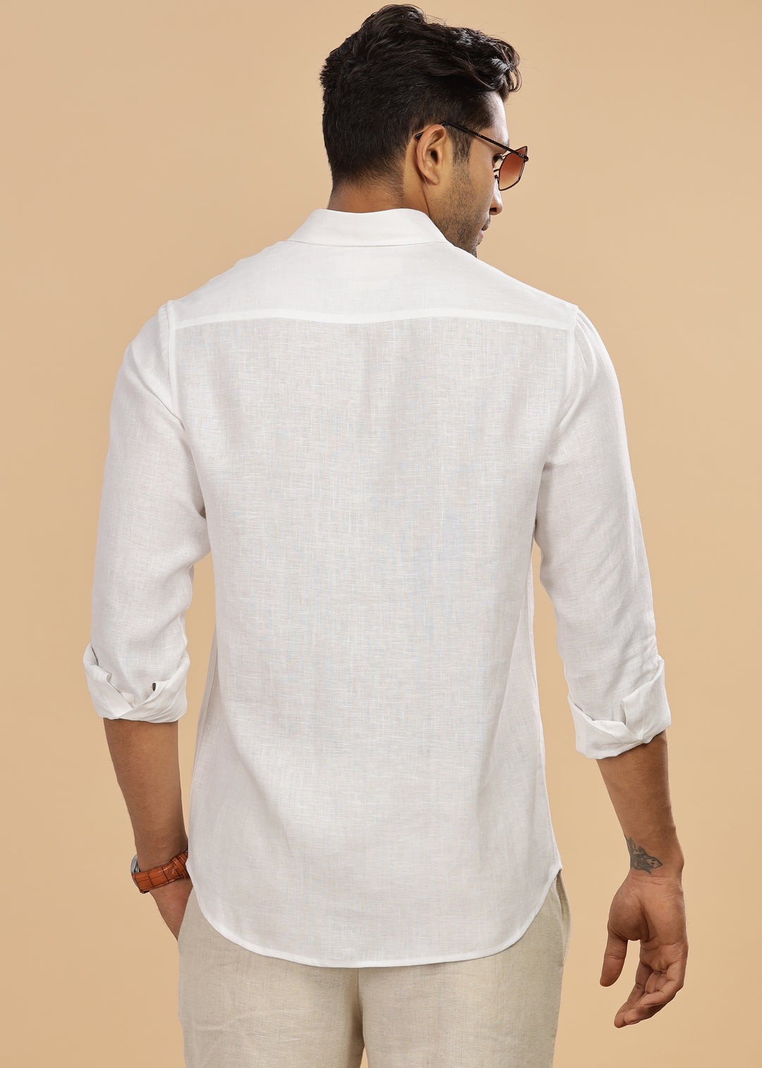 Tylor - Hidden Button Down Collar Pure Linen Full Sleeve Shirt - White