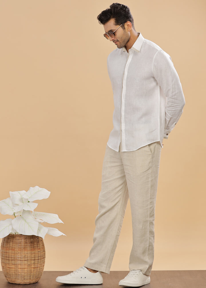 Oscar - Pure Linen Full Sleeve Shirt with Stylized Placket and Collar - White