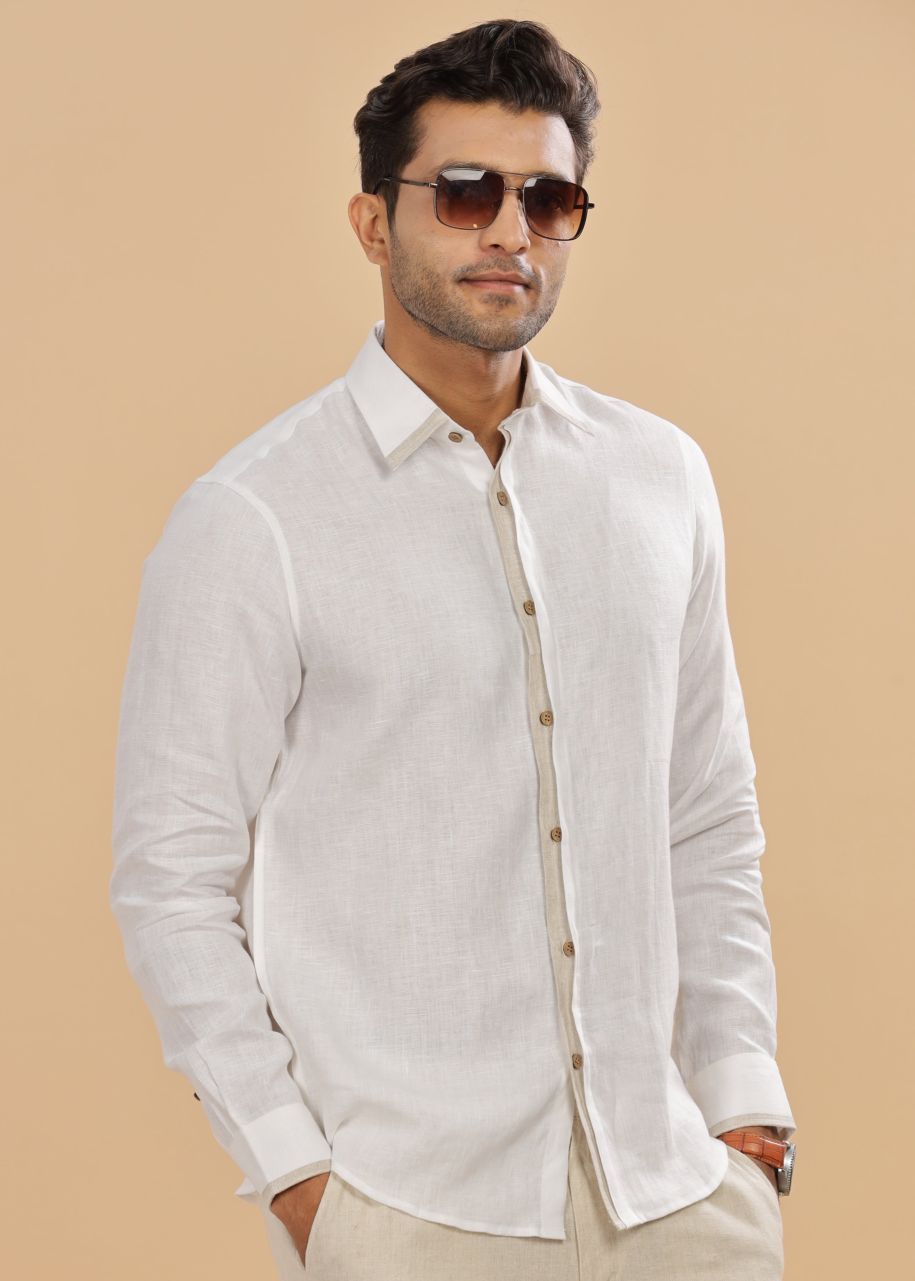 White Pure Linen Double Pocket Full Sleeve Shirt – Linen Trail