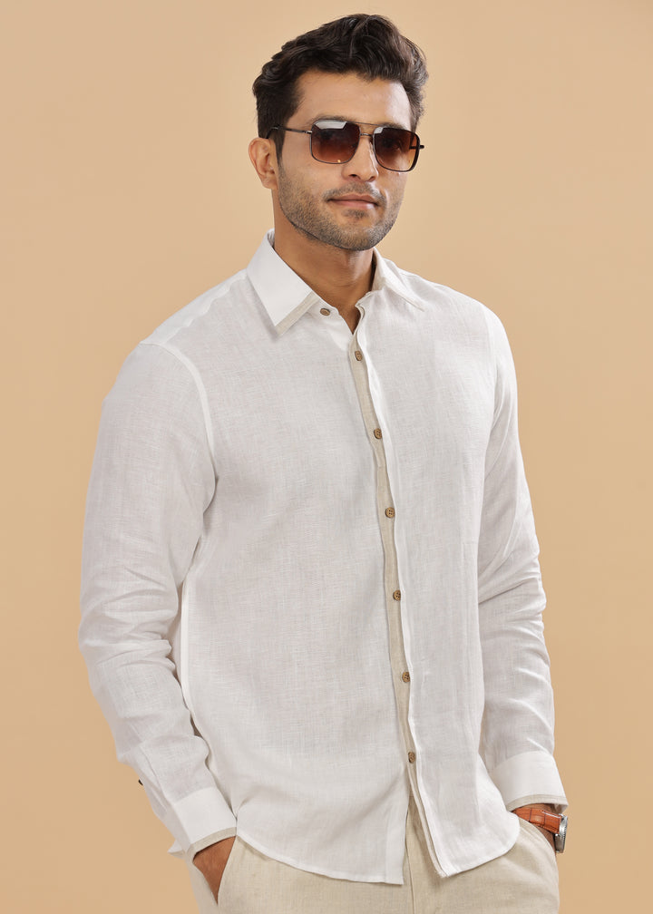 Oscar - Pure Linen Full Sleeve Shirt with Stylized Placket and Collar - White