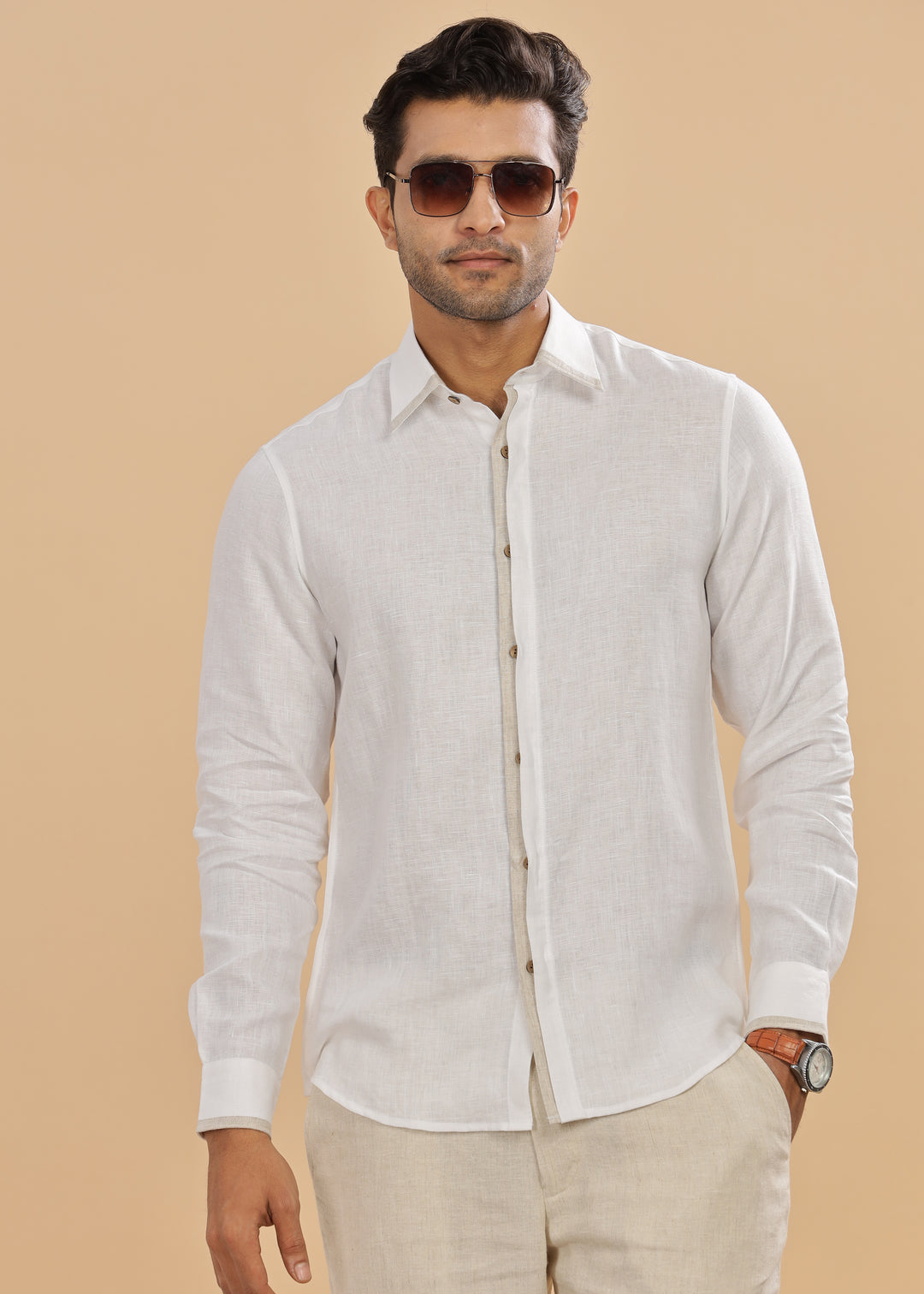 Oscar - Pure Linen Full Sleeve Shirt with Stylized Placket and Collar - White