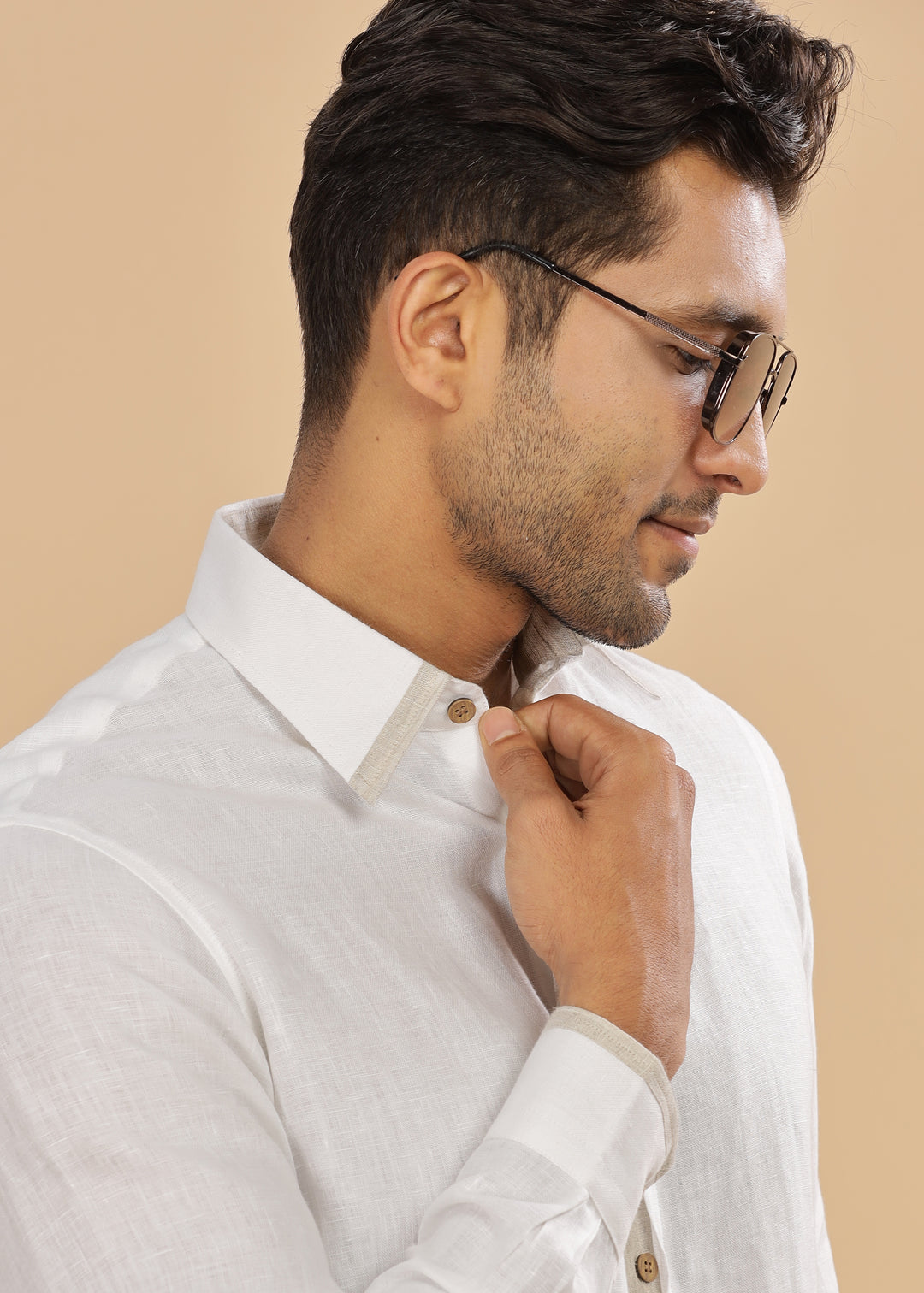 Oscar - Pure Linen Full Sleeve Shirt with Stylized Placket and Collar - White