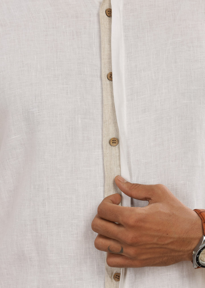 Oscar - Pure Linen Full Sleeve Shirt with Stylized Placket and Collar - White