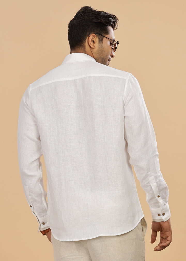 Oscar - Pure Linen Full Sleeve Shirt with Stylized Placket and Collar - White