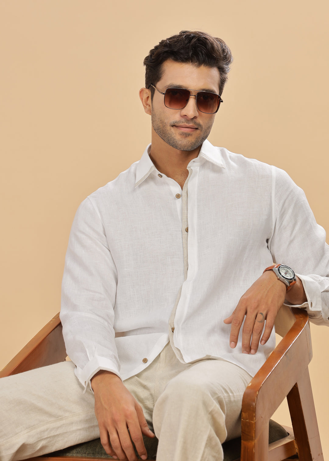 Oscar - Pure Linen Full Sleeve Shirt with Stylized Placket and Collar - White