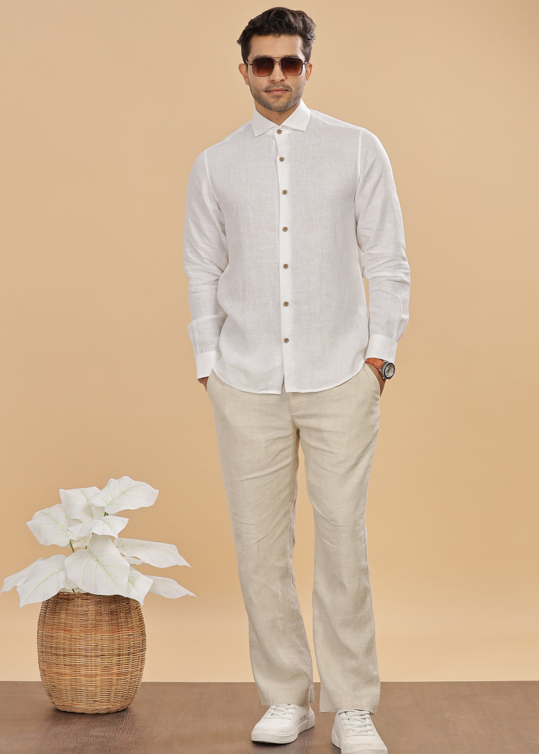 Monarc - Pure Linen Spread Collar Full Sleeve Shirt - White