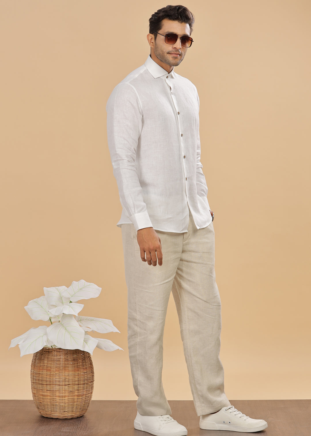 Monarc - Pure Linen Spread Collar Full Sleeve Shirt - White