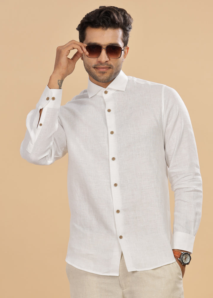 Monarc - Pure Linen Spread Collar Full Sleeve Shirt - White