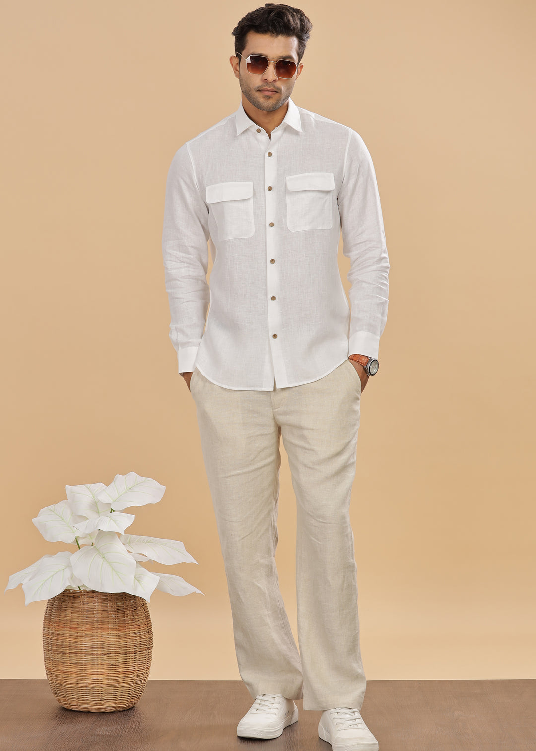 Liam - Pure Linen Double Pocket Classy Full Sleeve Shirt - White