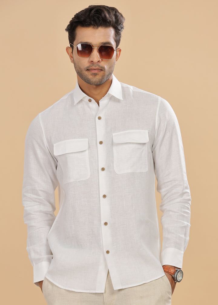 Liam - Pure Linen Double Pocket Classy Full Sleeve Shirt - White