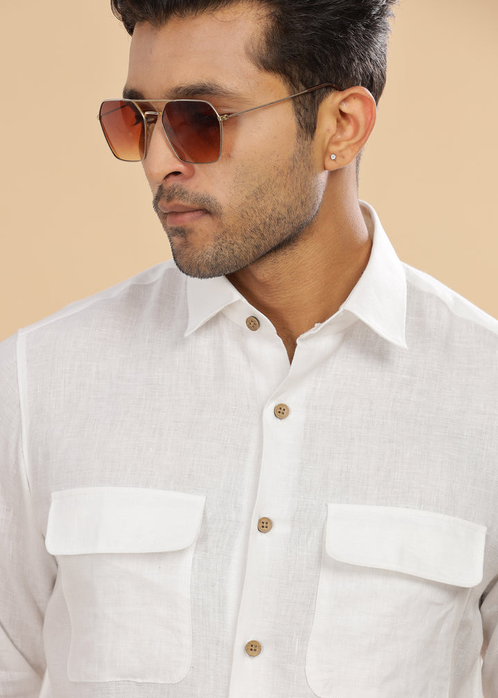 Liam - Pure Linen Double Pocket Classy Full Sleeve Shirt - White