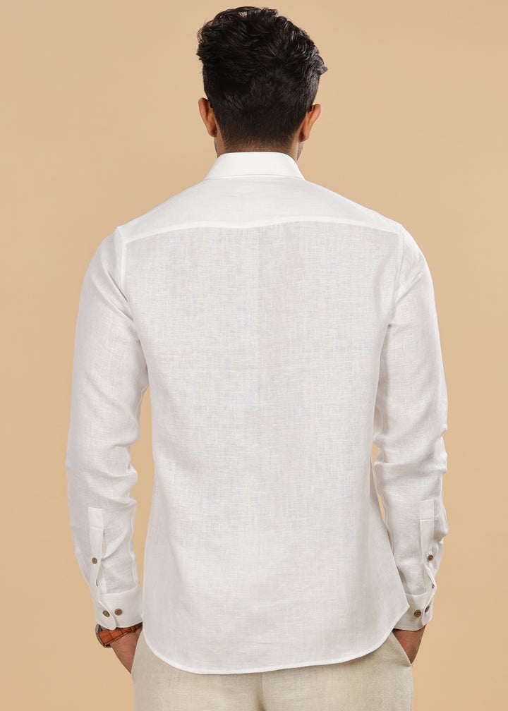 Liam - Pure Linen Double Pocket Classy Full Sleeve Shirt - White