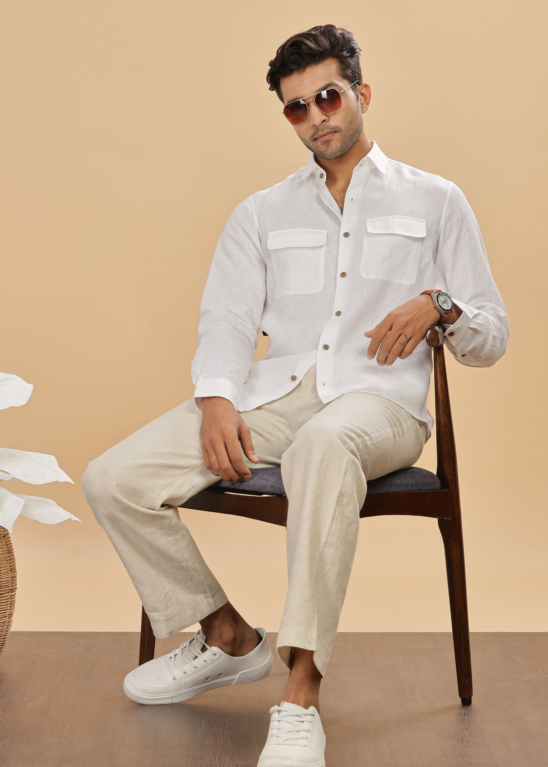 Liam - Pure Linen Double Pocket Classy Full Sleeve Shirt - White