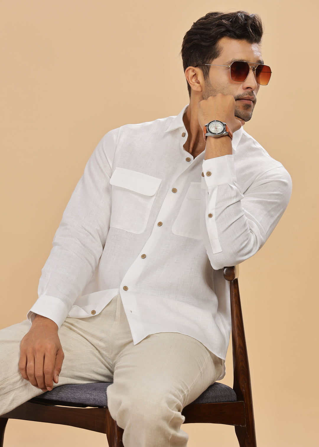 Liam - Pure Linen Double Pocket Classy Full Sleeve Shirt - White