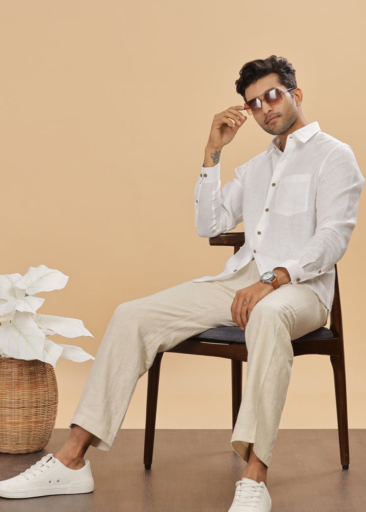 Ted - Pure Linen Full Sleeve Formal Shirt - White