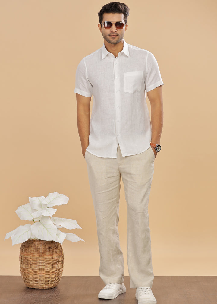 Ted - Pure Linen Half Sleeve Shirt - White