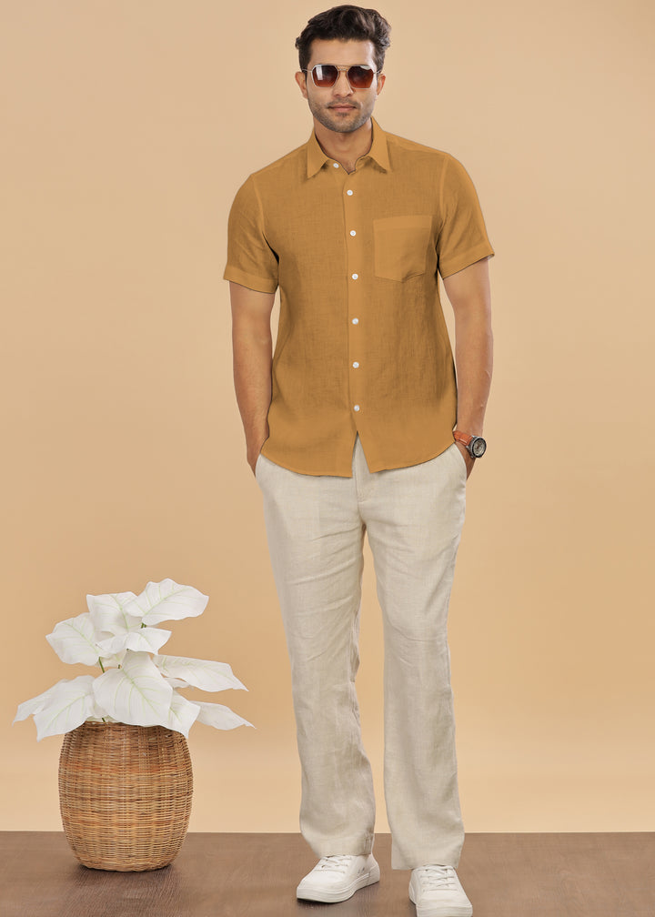 Ted - Pure Linen Half Sleeve Shirt - Mustard Brown