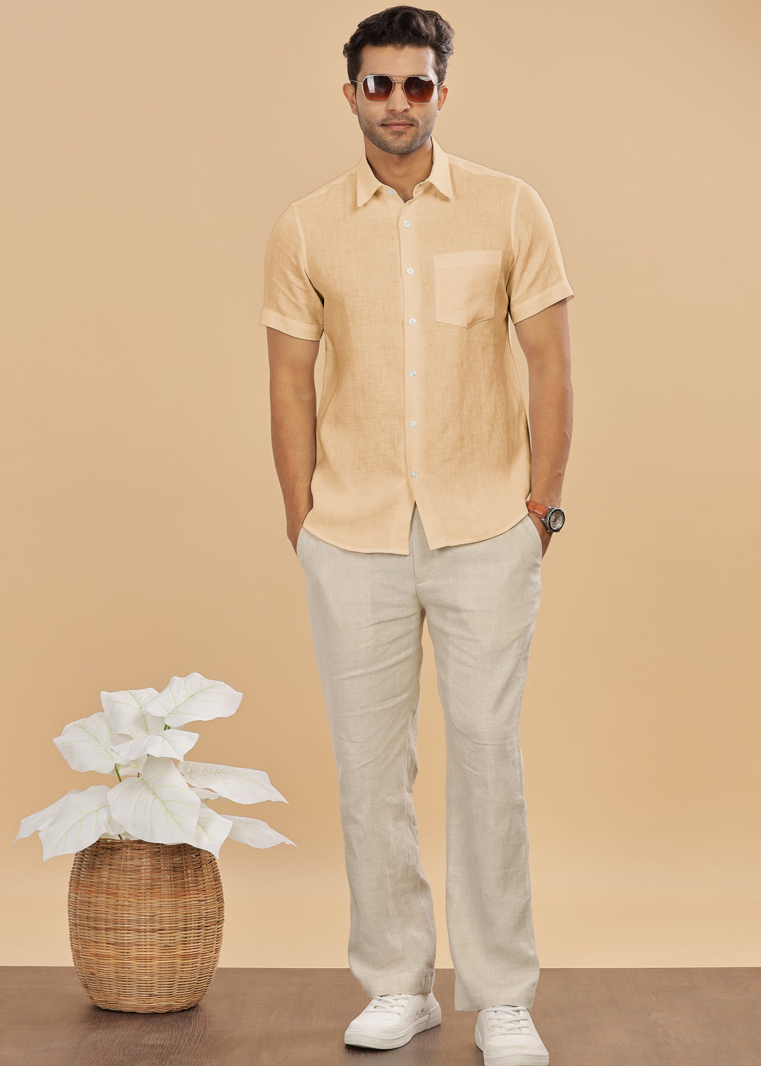 Ted - Pure Linen Half Sleeve Shirt - Light Tea Yellow