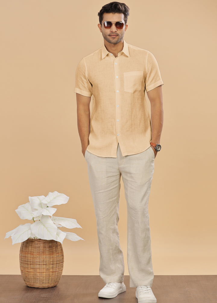 Ted - Pure Linen Half Sleeve Shirt - Light Tea Yellow
