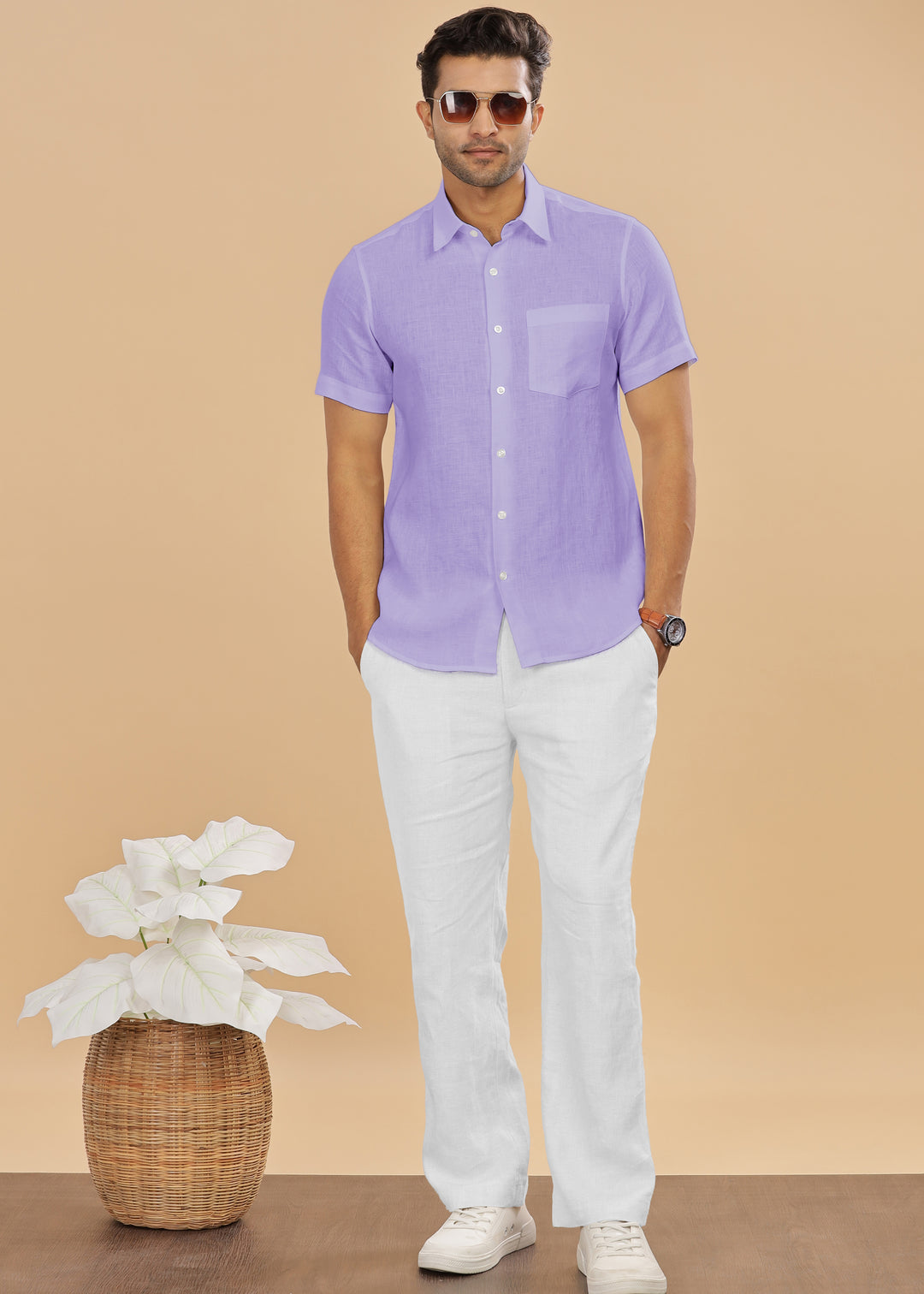 Ted - Pure Linen Half Sleeve Shirt - Lavender