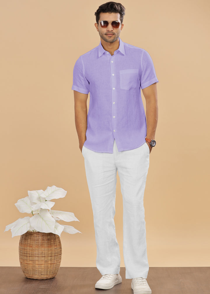 Ted - Pure Linen Half Sleeve Shirt - Lavender