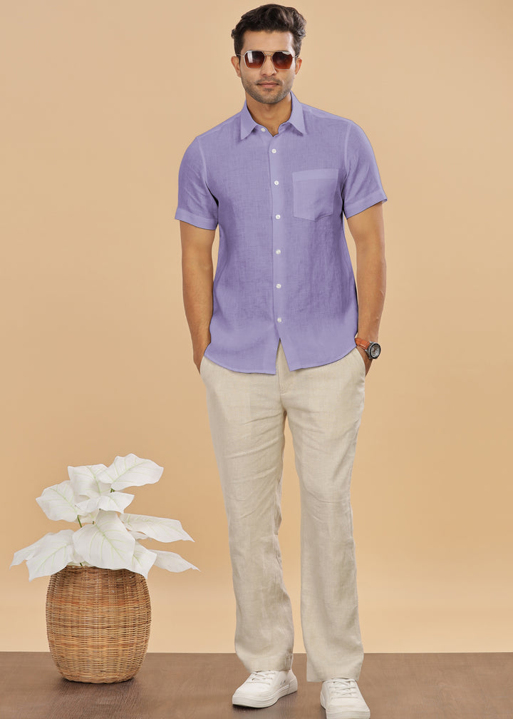 Ted - Pure Linen Half Sleeve Shirt - Lavender
