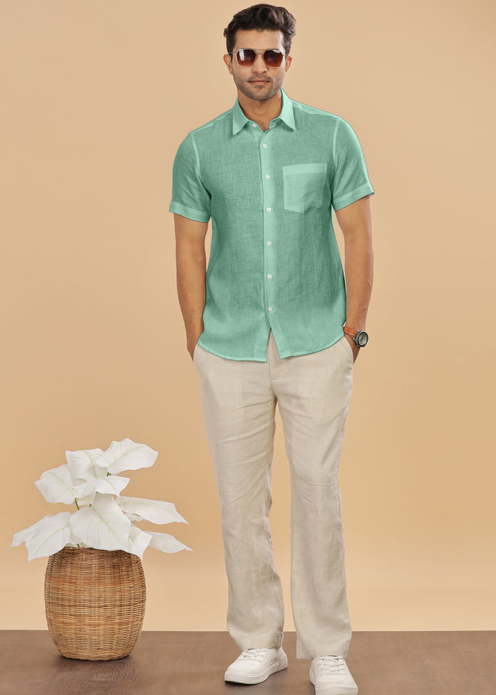 Ted - Pure Linen Half Sleeve Shirt - Spring Green