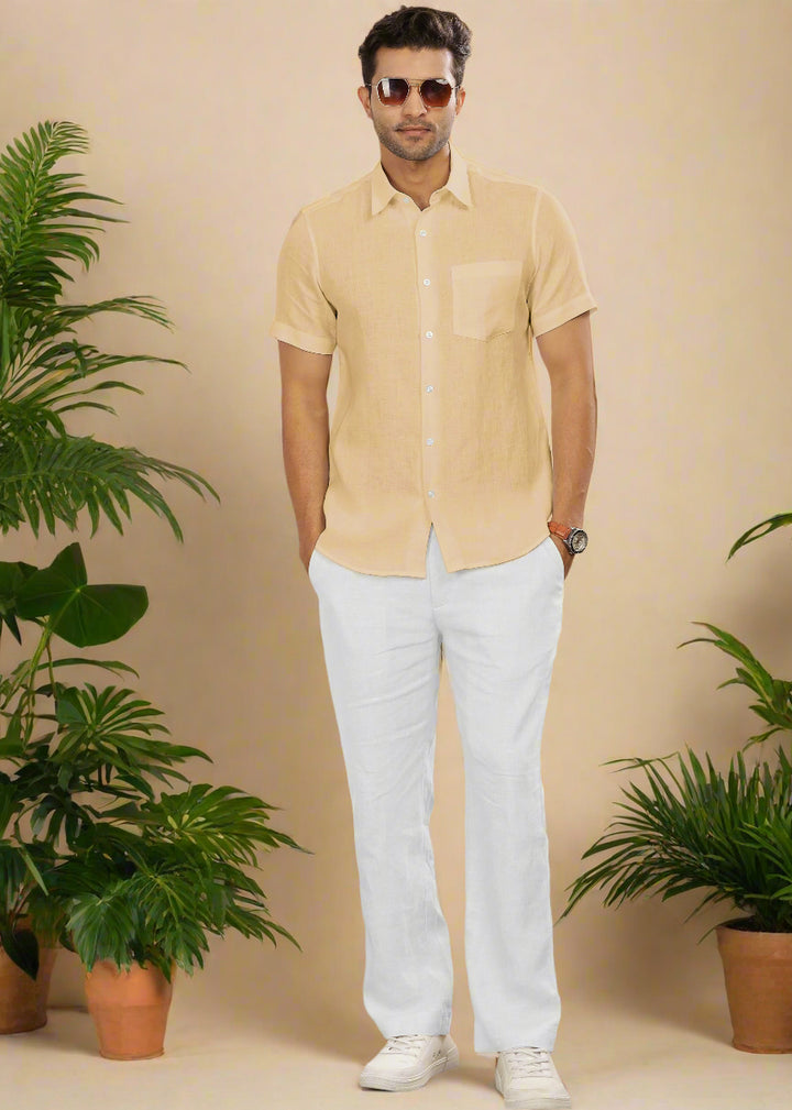 Ted - Pure Linen Half Sleeve Shirt - Light Tea Yellow