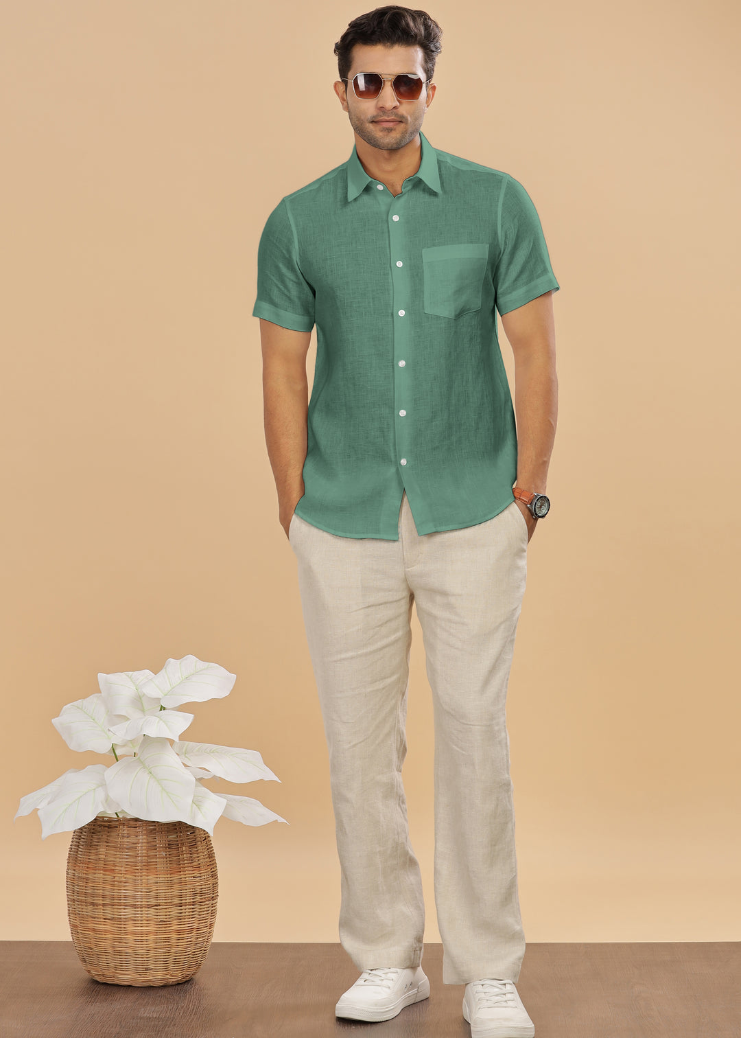 Ted - Pure Linen Half Sleeve Shirt - Spring Green