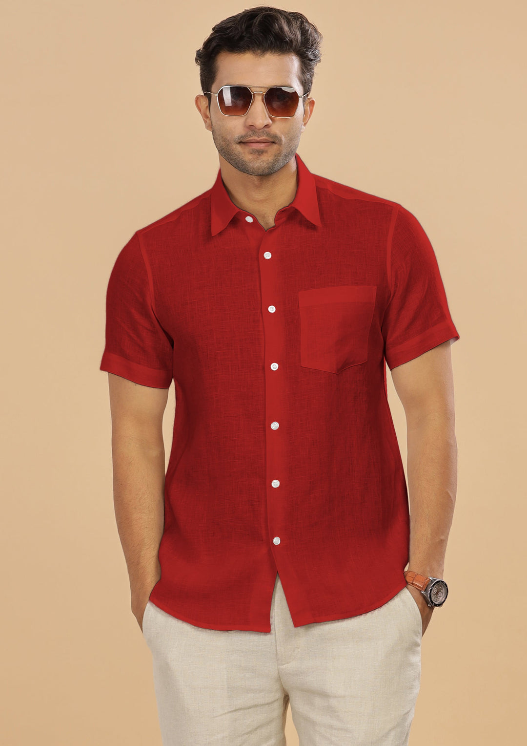 Ted - Pure Linen Half Sleeve Shirt - Mud Red