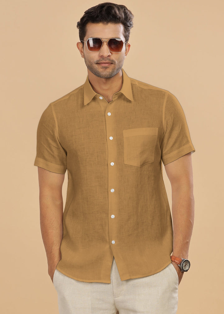 Ted - Pure Linen Half Sleeve Shirt - Mustard Brown