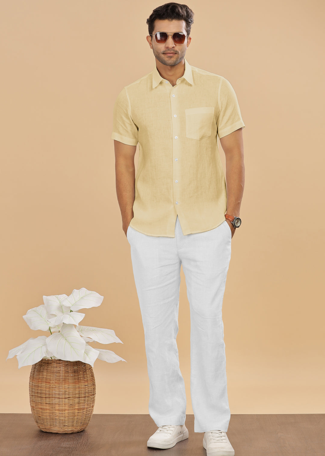 Ted - Pure Linen Half Sleeve Shirt - Light Yellow