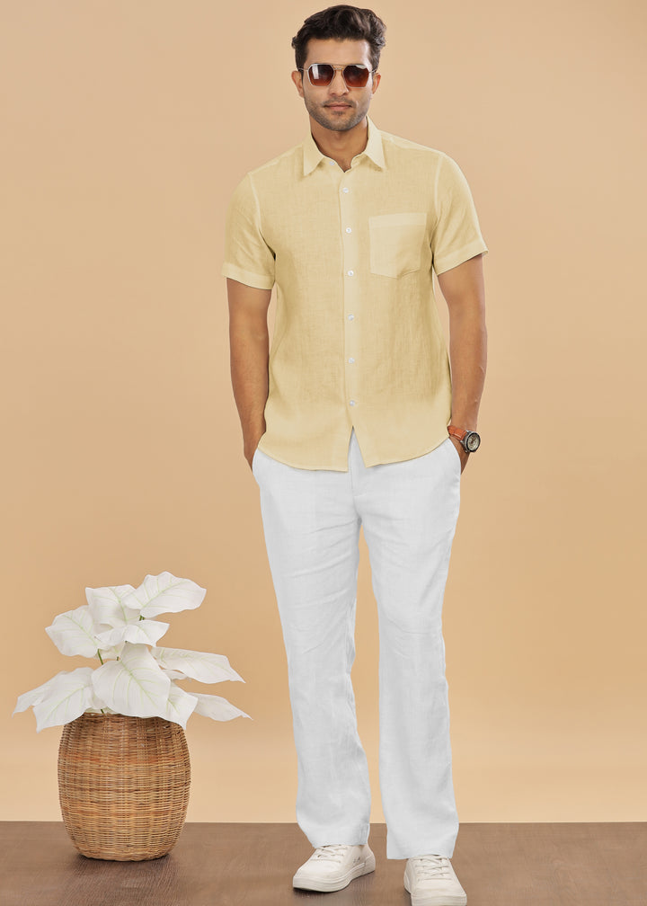 Ted - Pure Linen Half Sleeve Shirt - Light Yellow