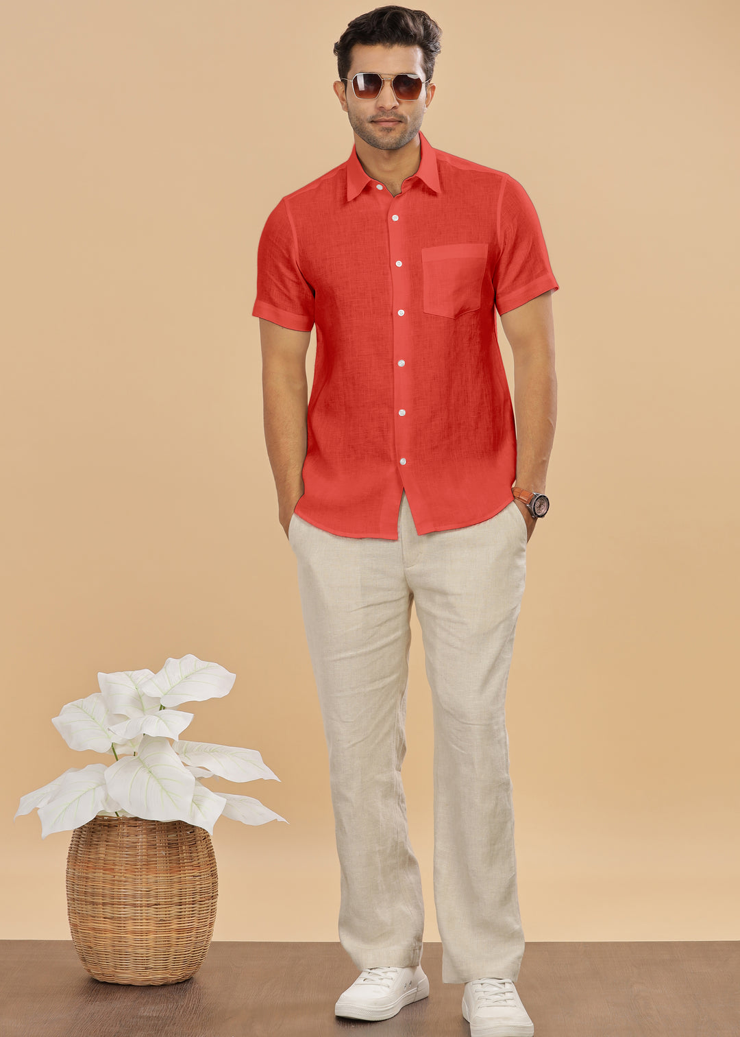 Ted - Pure Linen Half Sleeve Shirt - Dark Coral Peach