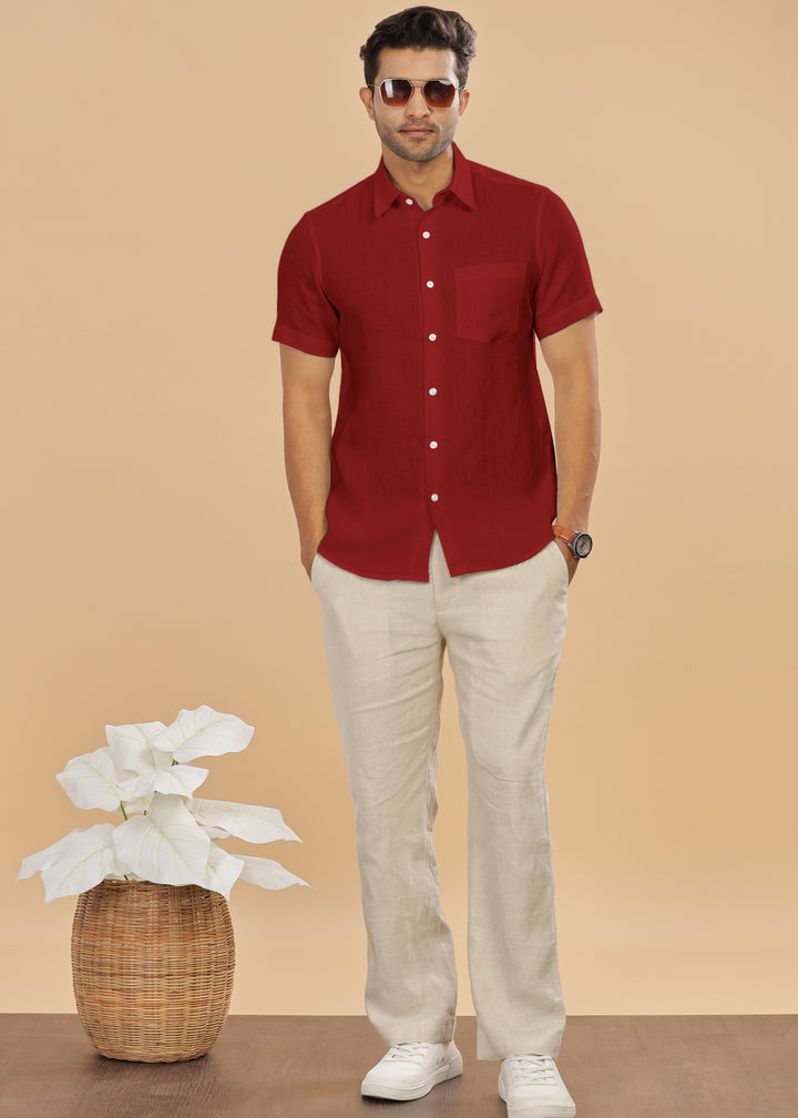 Ted - Pure Linen Half Sleeve Shirt - Mud Red