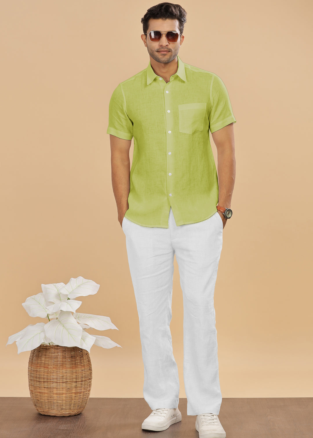 Ted - Pure Linen Half Sleeve Shirt - Lime Green